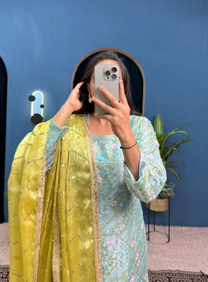 Trending 3 Piece Kurti Set With Fully Embroidery Work On Jimmy Cho Fabric With Stitch Plazzo Pent