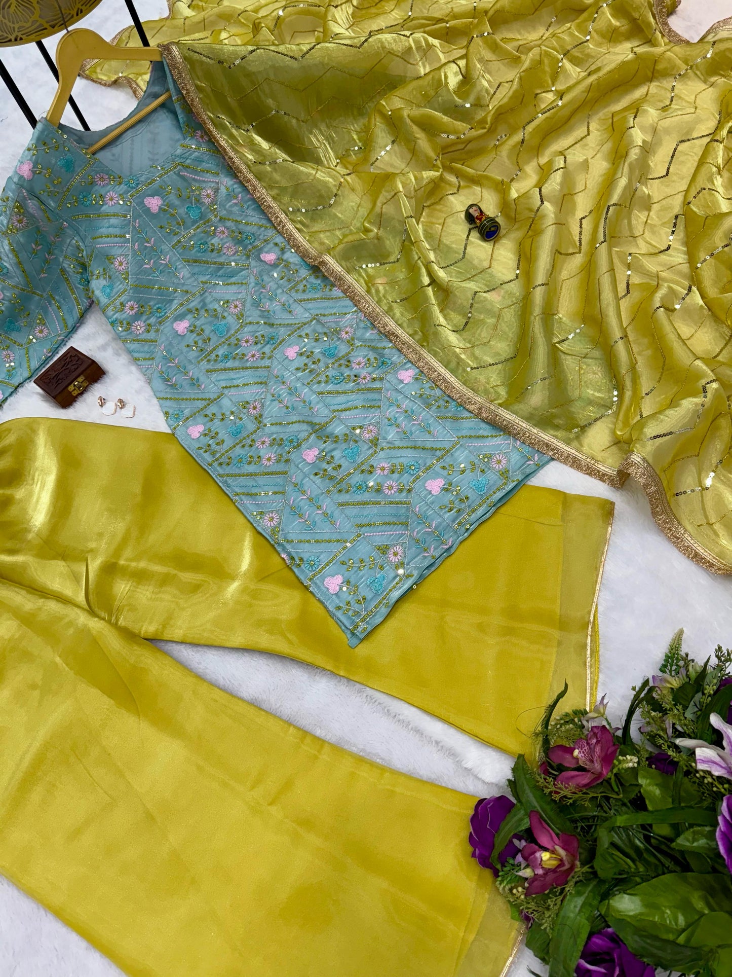 Trending 3 Piece Kurti Set With Fully Embroidery Work On Jimmy Cho Fabric With Stitch Plazzo Pent