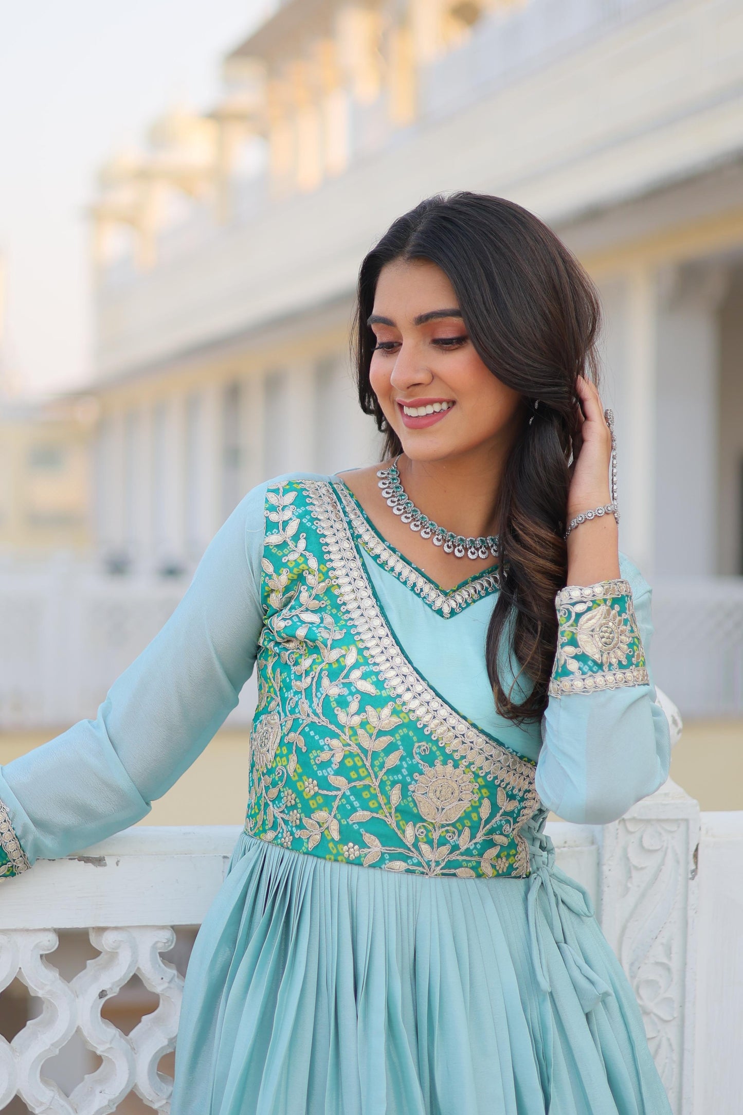 Sky Blue Color Chinon Fabric Anarkali Gown