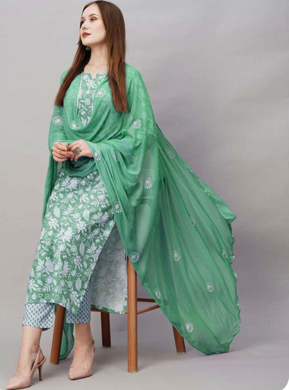 Rayon Kurti Pent Set For Daily Wear Use green