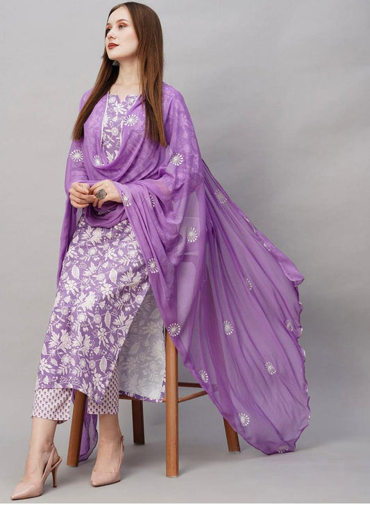 Rayon Kurti Pent Set For Daily Wear Use purple color