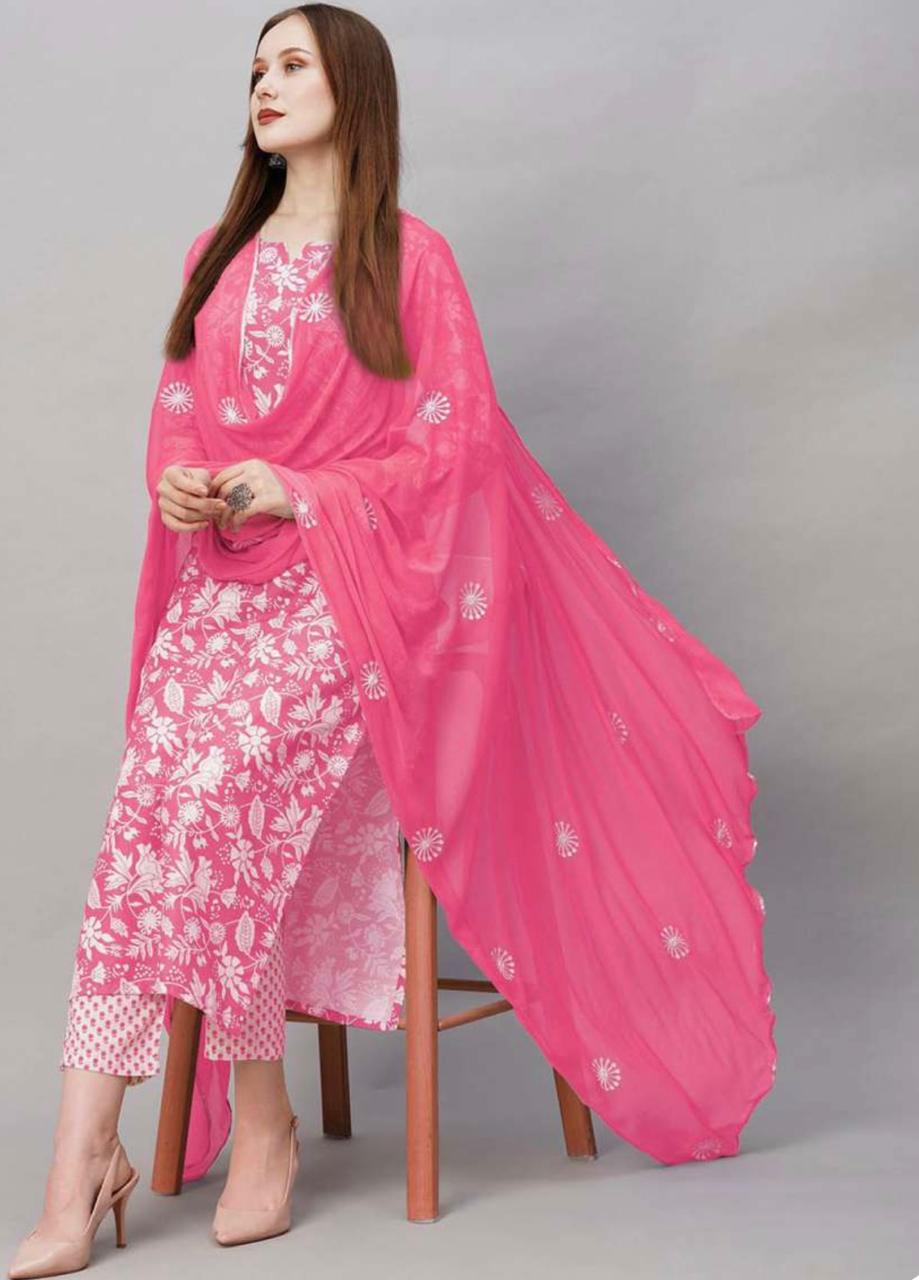 Rayon Kurti Pent Set For Daily Wear Use Gajari pink color