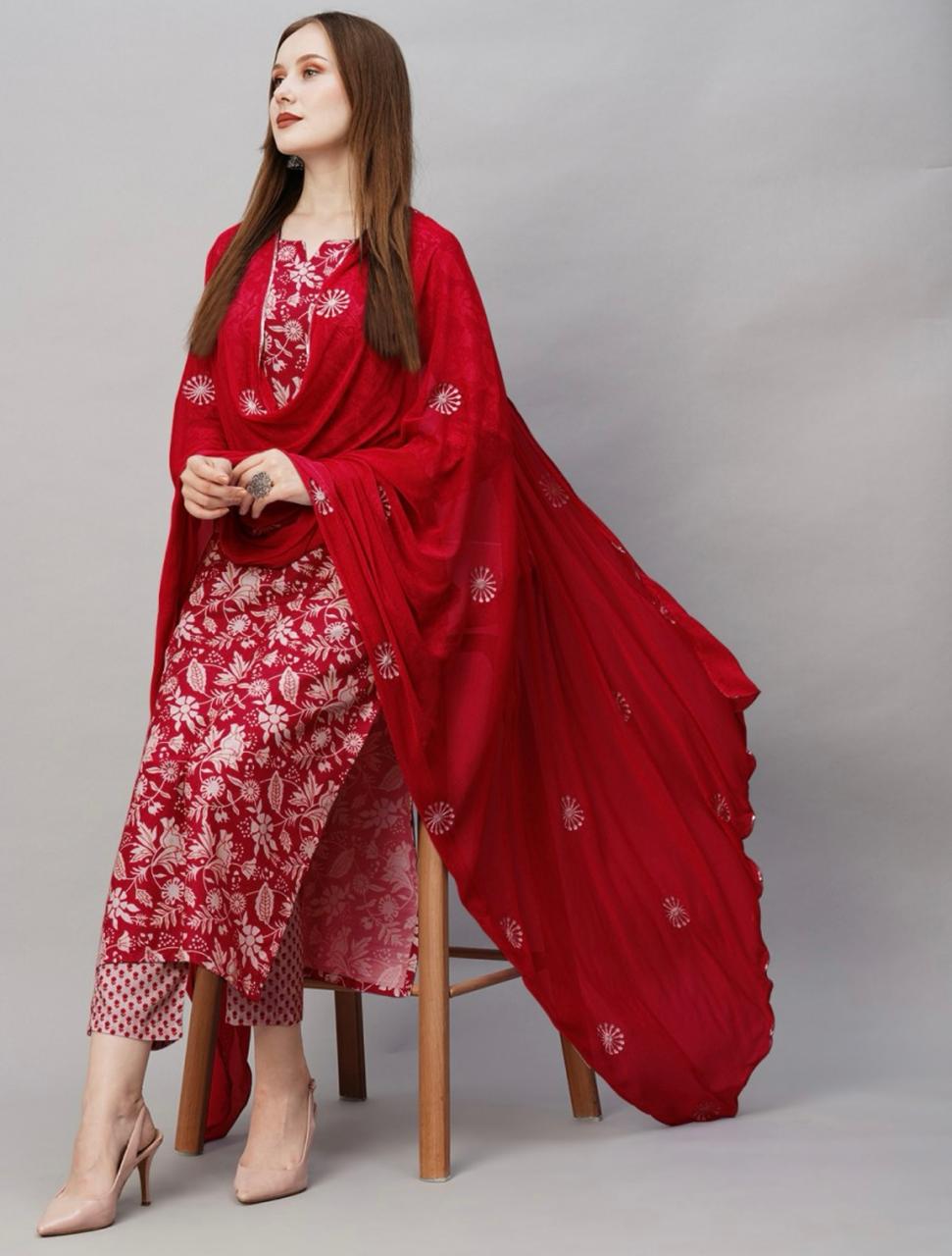 Rayon Kurti Pent Set For Daily Wear Use Red color