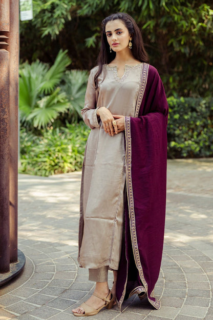 Dark Cream Color Beautiful Summer Wear Kurti Pent Set In Roman Silk Cotton Fabric