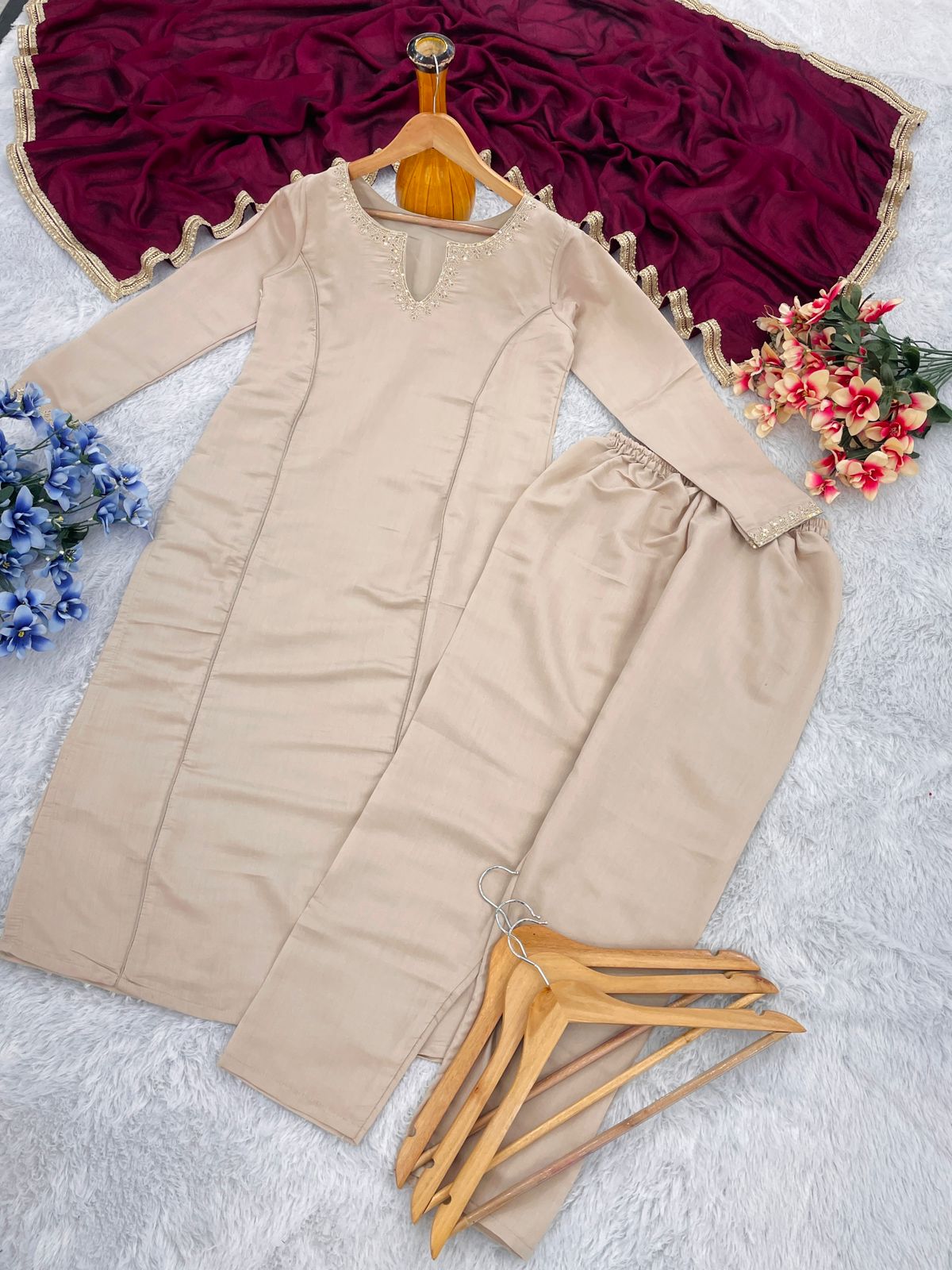 Dark Cream Color Beautiful Summer Wear Kurti Pent Set In Roman Silk Cotton Fabric