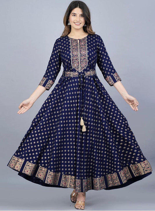 Blue Color Beautiful Rayon Gown with foil print