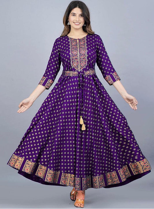 Purple Color Beautiful Rayon Gown with foil print