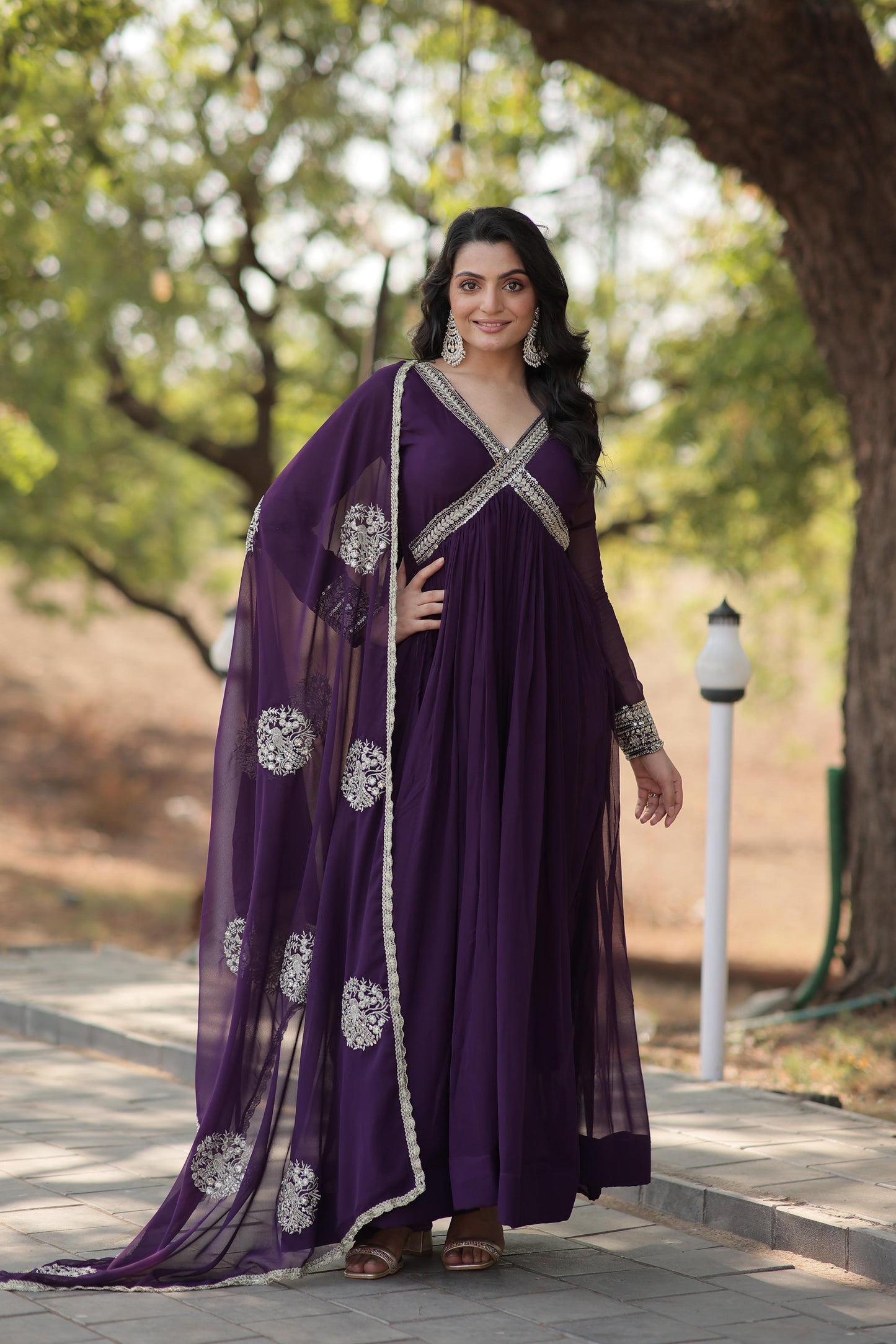 Premium Readymade Alia Cut Gown With Dupatta Set  in Purple Color