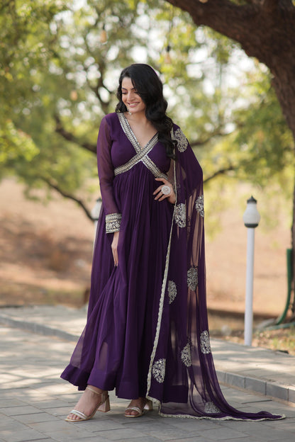 Premium Readymade Alia Cut Gown With Dupatta Set  in Purple Color