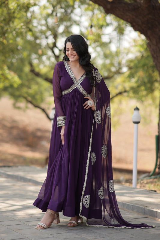 Premium Readymade Alia Cut Gown With Dupatta Set  in Purple Color