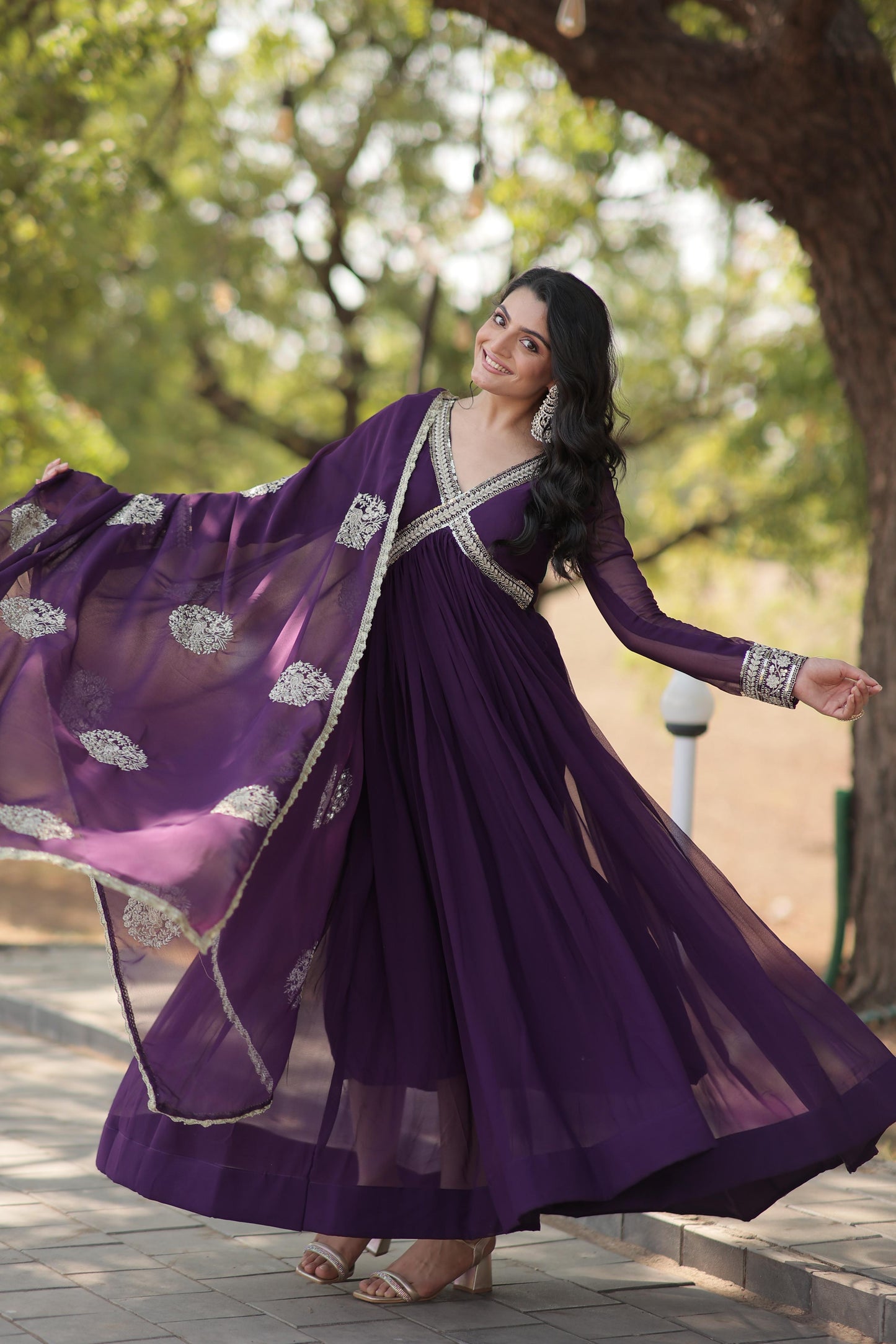 Premium Readymade Alia Cut Gown With Dupatta Set  in Purple Color