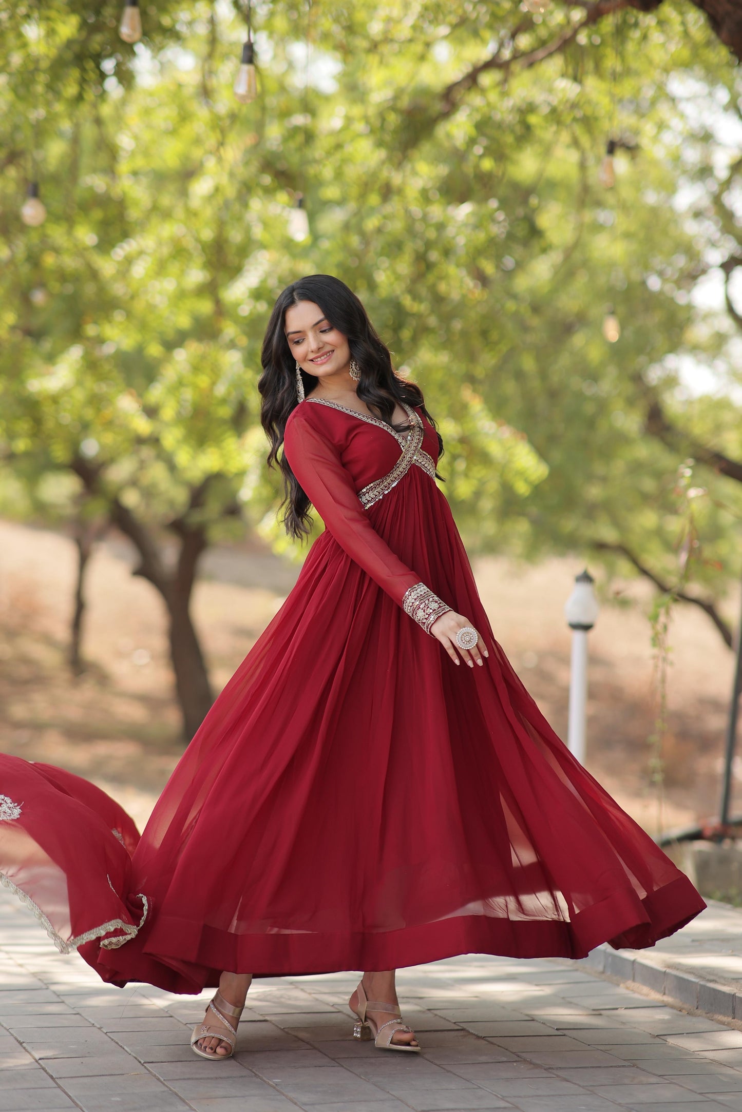 Premium Readymade Alia Cut Gown With Dupatta Set  in Maroon Color