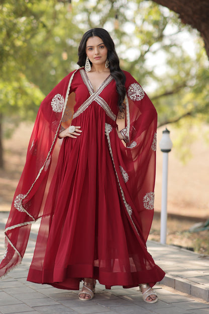 Premium Readymade Alia Cut Gown With Dupatta Set  in Maroon Color