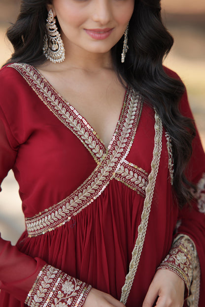 Premium Readymade Alia Cut Gown With Dupatta Set  in Maroon Color