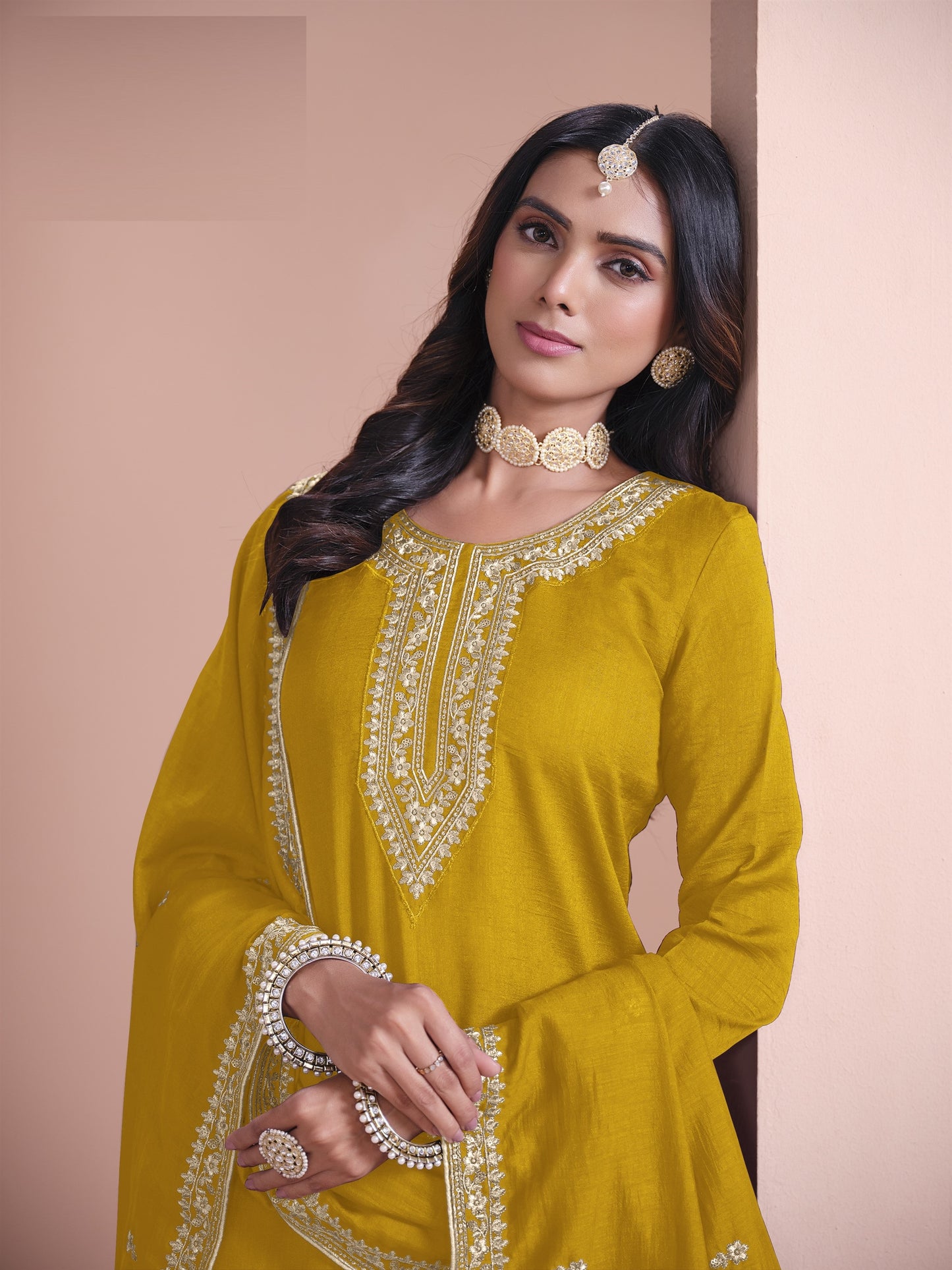 Yellow Color Partywear Plazo Suit In Silk Fabric Wedding Function