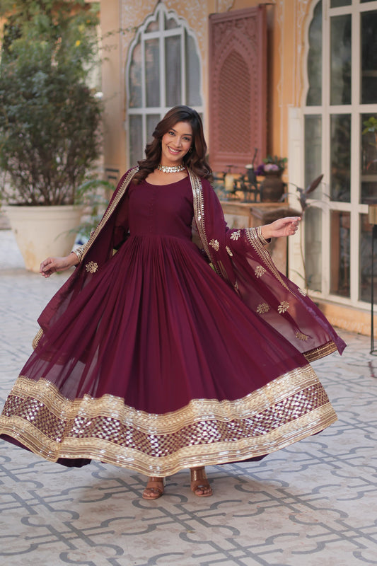 Anarkali Gown For Upcoming Festival in Georgette Fabric in maroon color