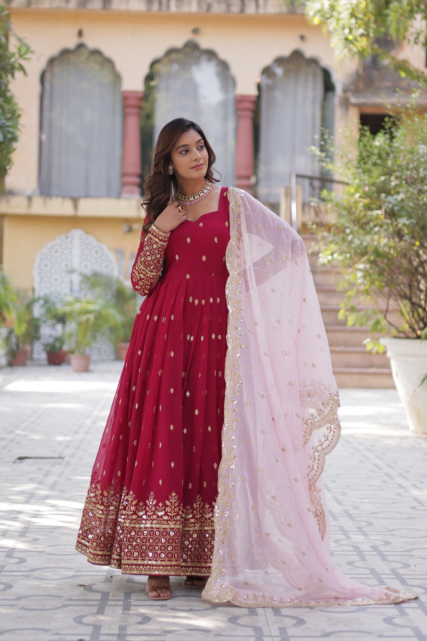 Pink red Color Beautiful Anarkali Gown In Georgette Fabirc