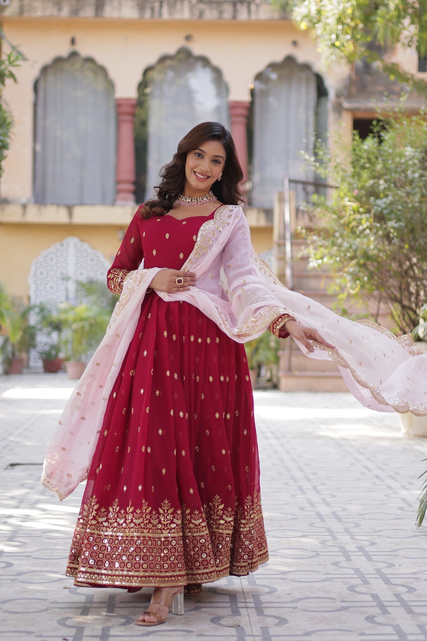 Pink red Color Beautiful Anarkali Gown In Georgette Fabirc