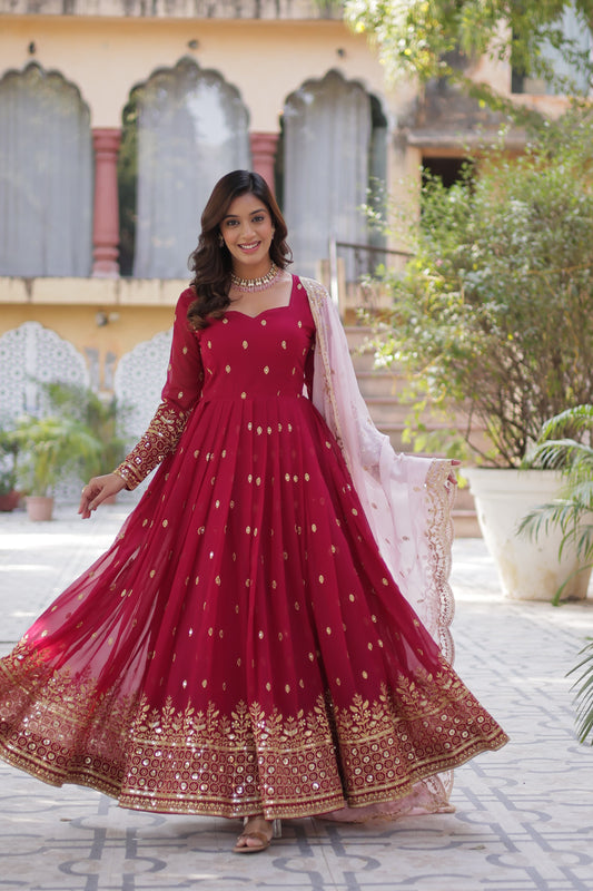 Pink red Color Beautiful Anarkali Gown In Georgette Fabirc