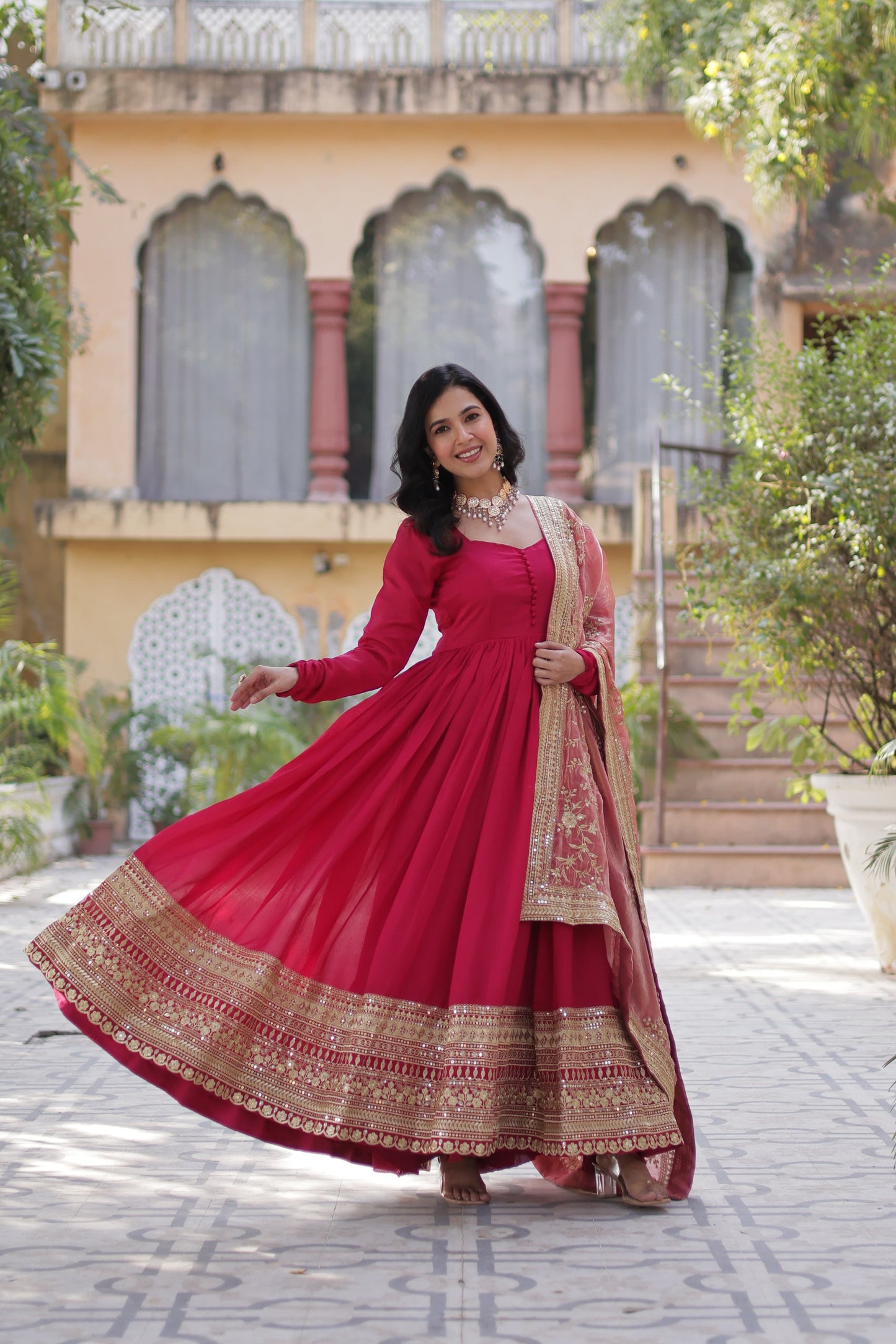 Pink Color Beautiful Gown with dupatta in silk fabric