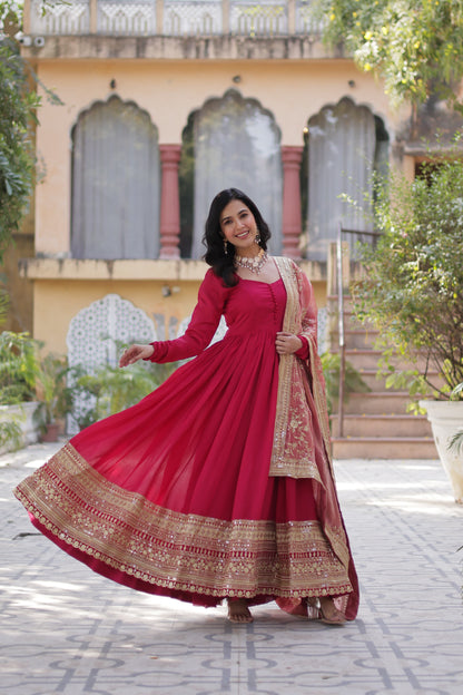 Pink Color Beautiful Gown with dupatta in silk fabric
