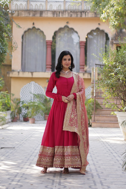 Pink Color Beautiful Gown with dupatta in silk fabric
