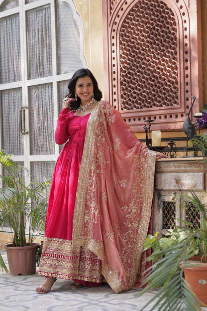 Pink Color Beautiful Gown with dupatta in silk fabric