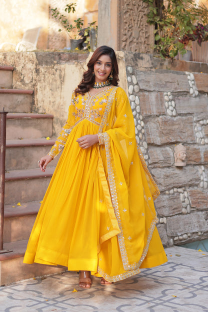 Yellow color Beautiful Anarkali Gown In georgette Fabric