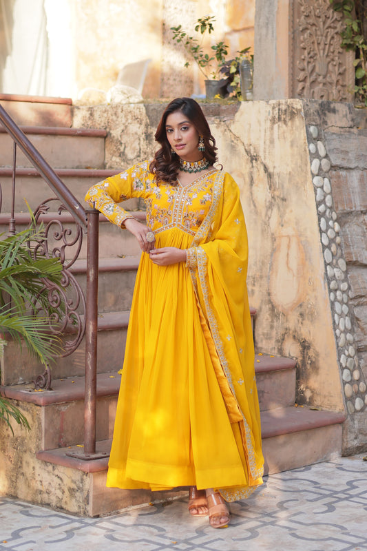 Yellow color Beautiful Anarkali Gown In georgette Fabric