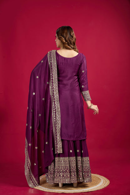 Purple Color Chinon Silk Fabric Suit