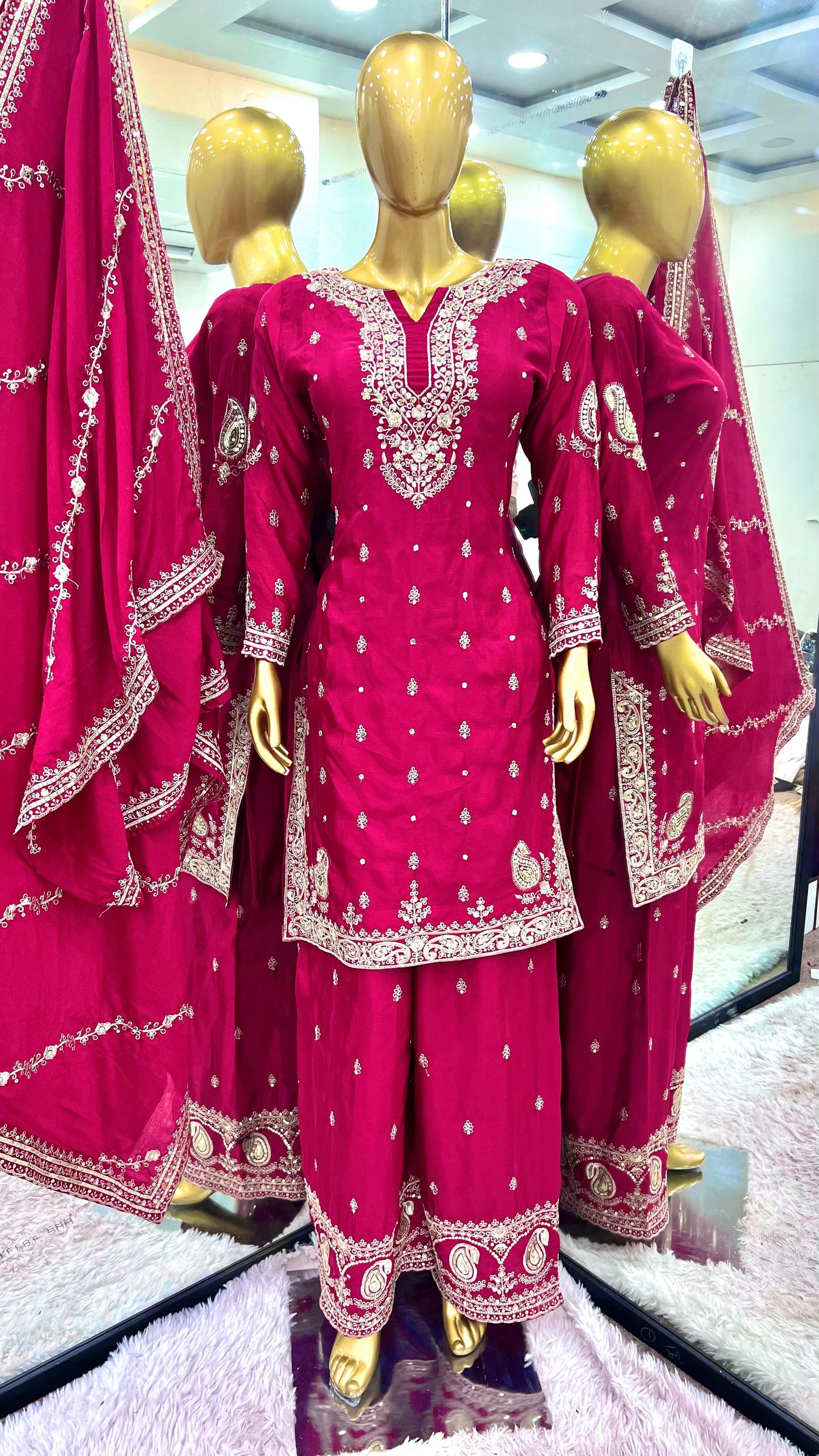 Pink Red Color Beautiful Plazo Suit In Chinon Fabric