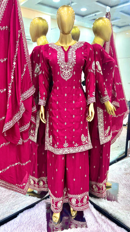 Pink Red Color Beautiful Plazo Suit In Chinon Fabric