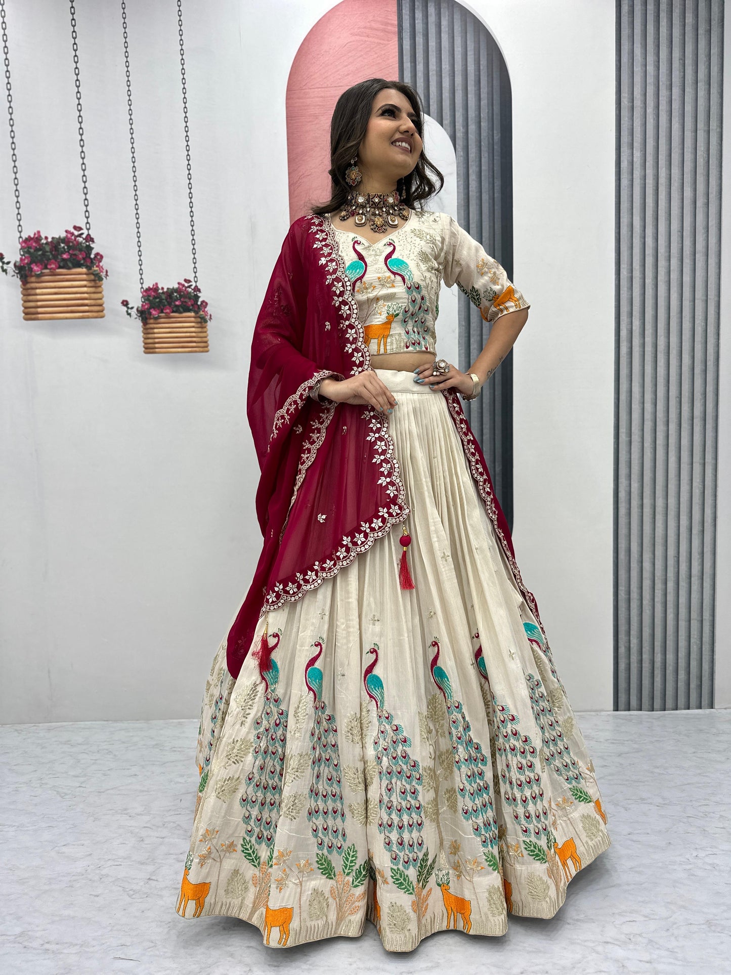 Wedding Wear Lehenga Choli With Cancan In White Cream Color and maroon dupatta