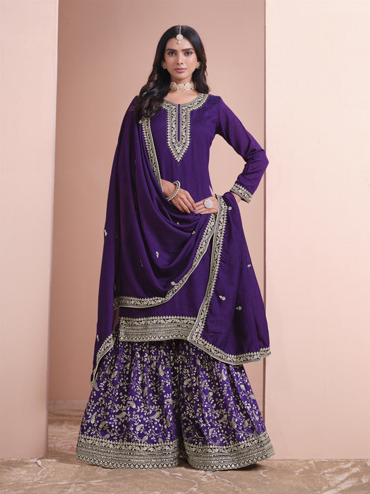 Blue Color Partywear Plazo Suit In Silk Fabric