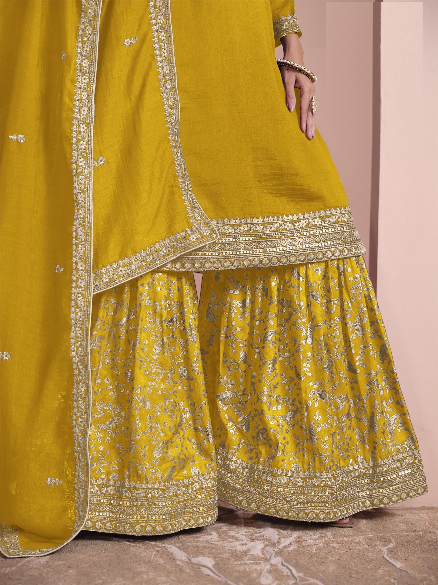 Yellow Color Partywear Plazo Suit In Silk Fabric Wedding Function