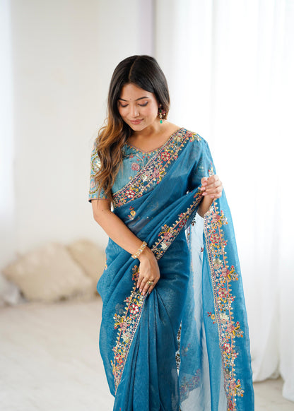 Blue Color Beautiful Silk Fabric Saree