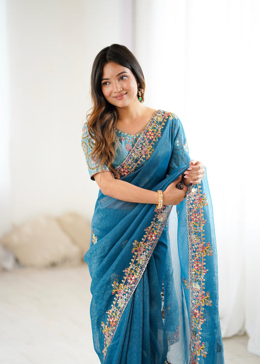 Blue Color Beautiful Silk Fabric Saree
