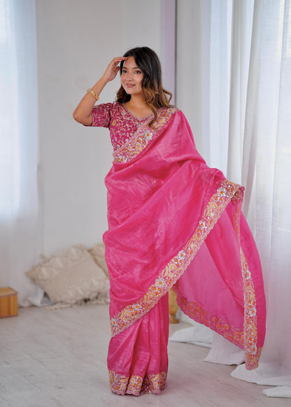Pink Color Beautiful Silk Fabric Saree