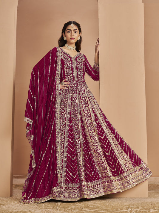 Maroon pink Color Beautiful Georgette Anarkali Suit For upcoming Wedding