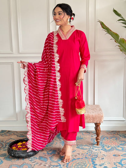 Chanderi FAbric With Attractive Embroidery in pink red color