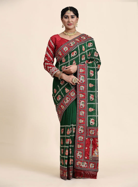 Green Red Color Beautiful Panetar Saree in Vichitra Silk