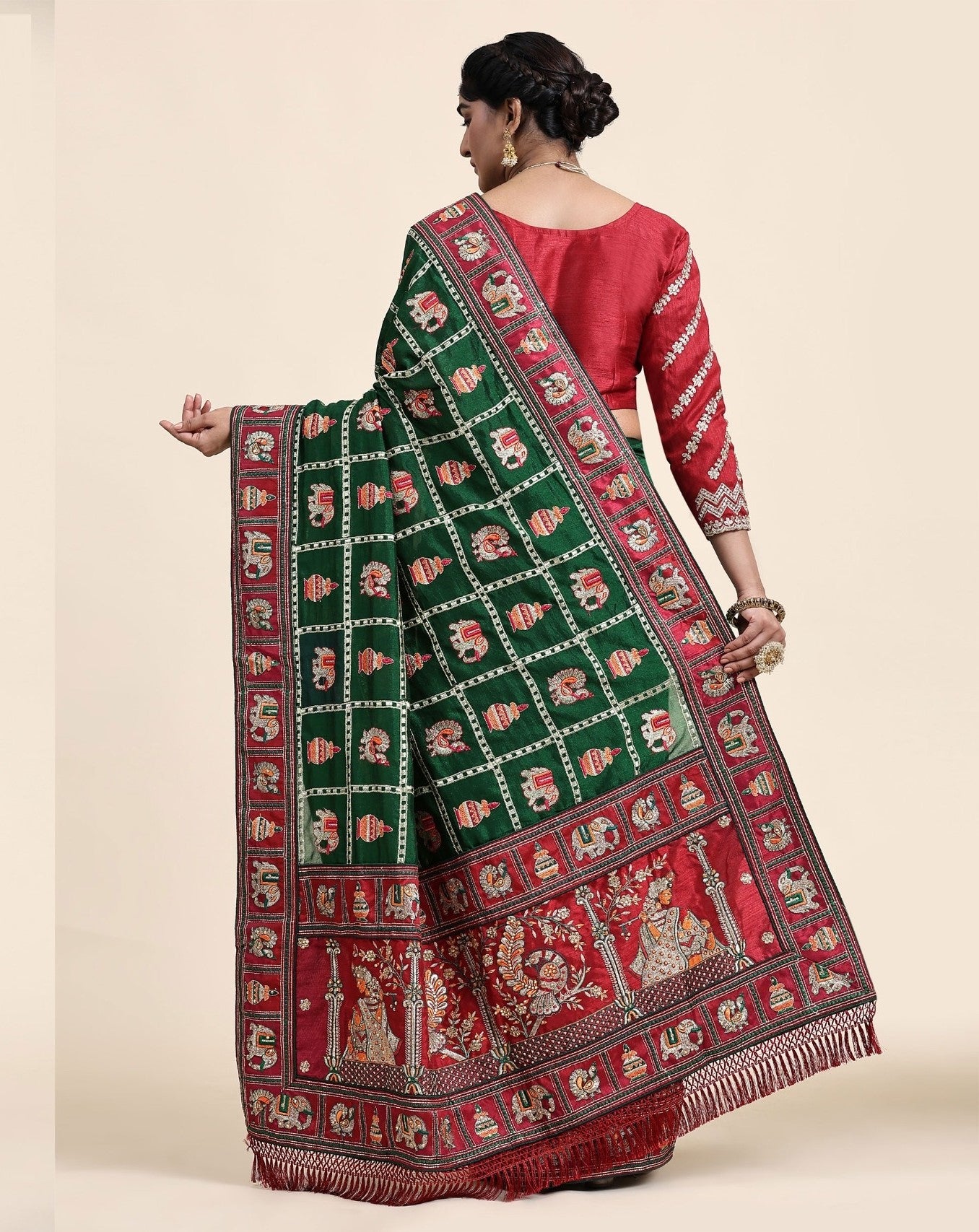 Green Red Color Beautiful Panetar Saree in Vichitra Silk