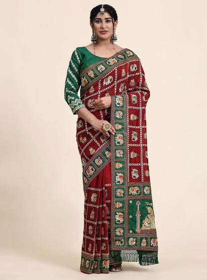 Red Green Color Beautiful Panetar Saree in Vichitra Silk