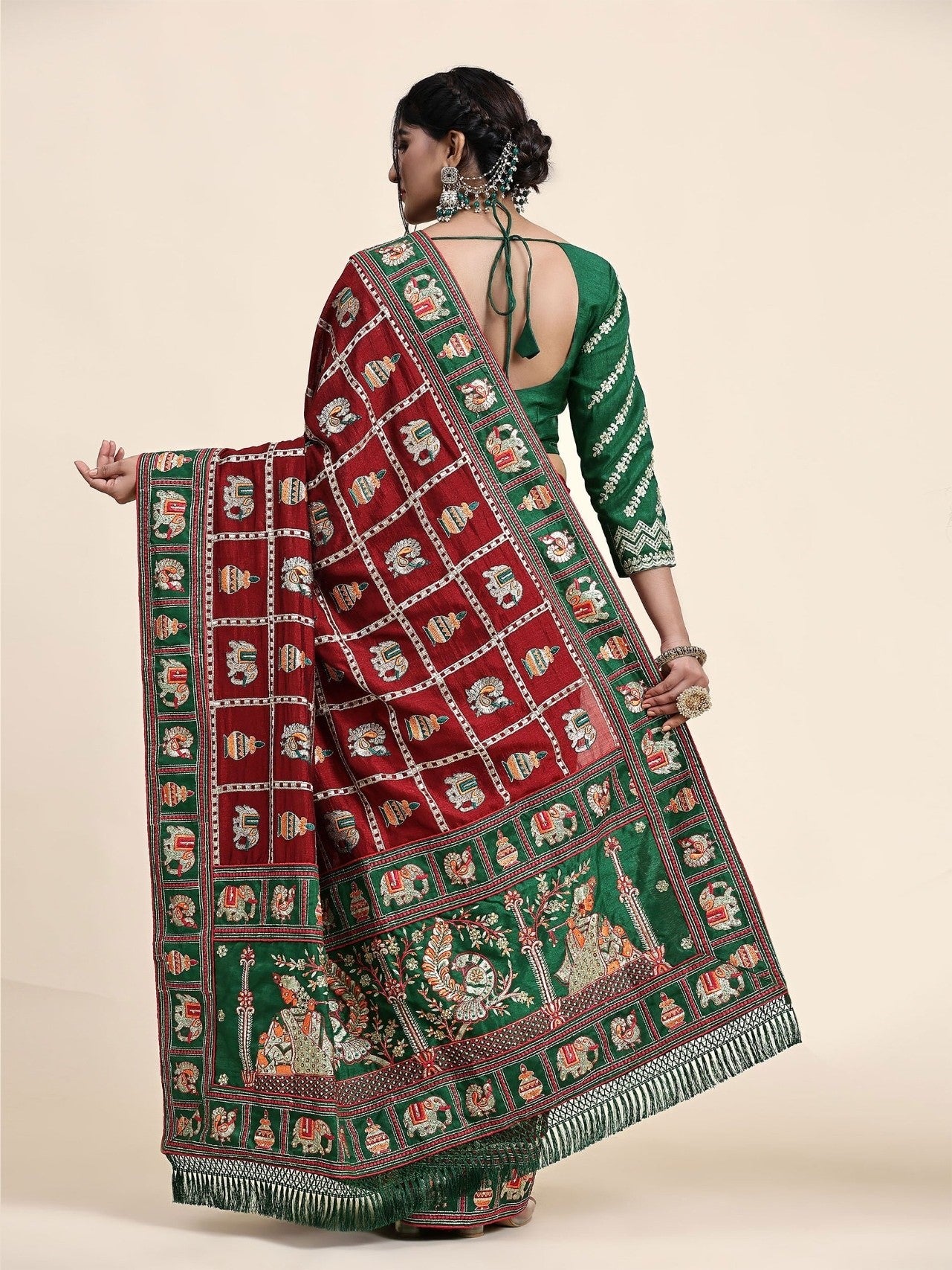 Red Green Color Beautiful Panetar Saree in Vichitra Silk