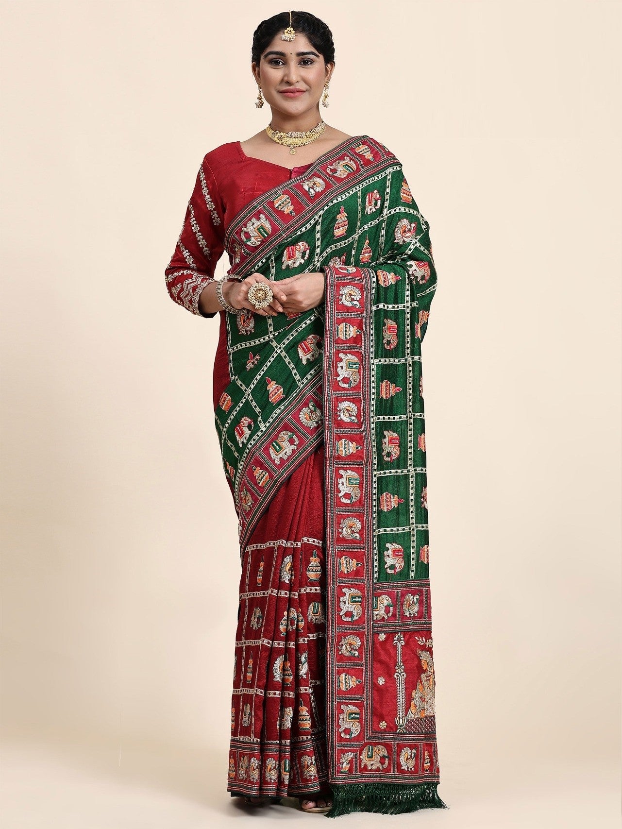 Green Red Color Beautiful Panetar Saree in Vichitra Silk