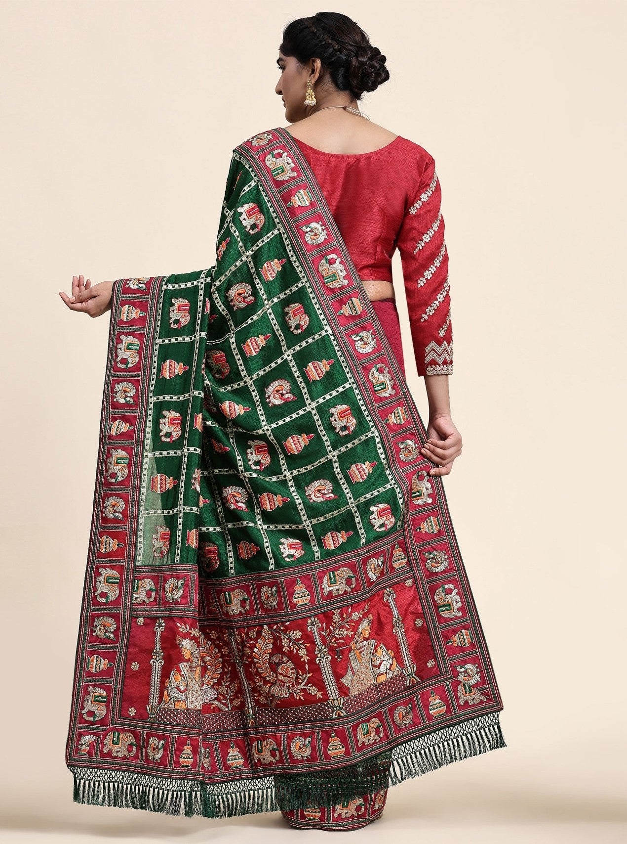 Green Red Color Beautiful Panetar Saree in Vichitra Silk