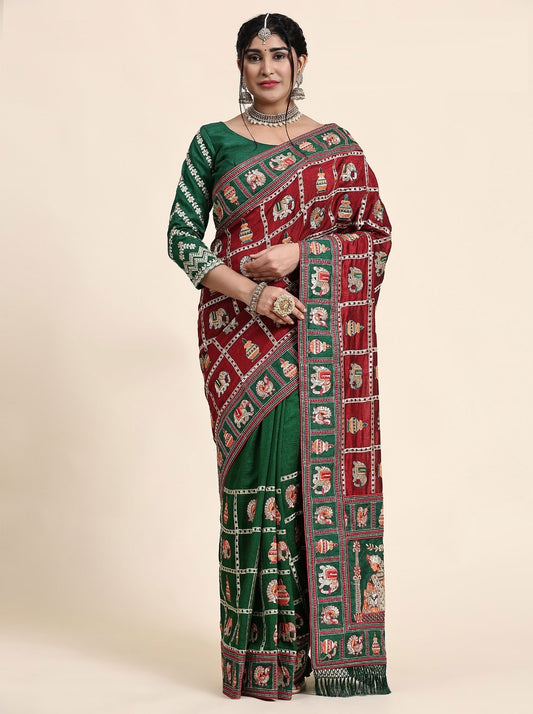 Red Green Color Beautiful Panetar Saree in Vichitra Silk special Occasion Saree