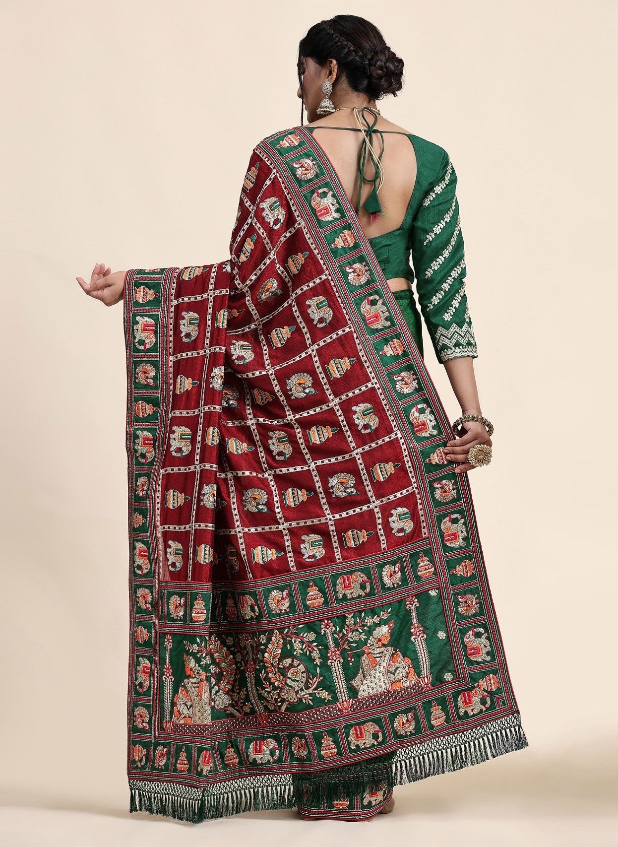 Red Green Color Beautiful Panetar Saree in Vichitra Silk special Occasion Saree