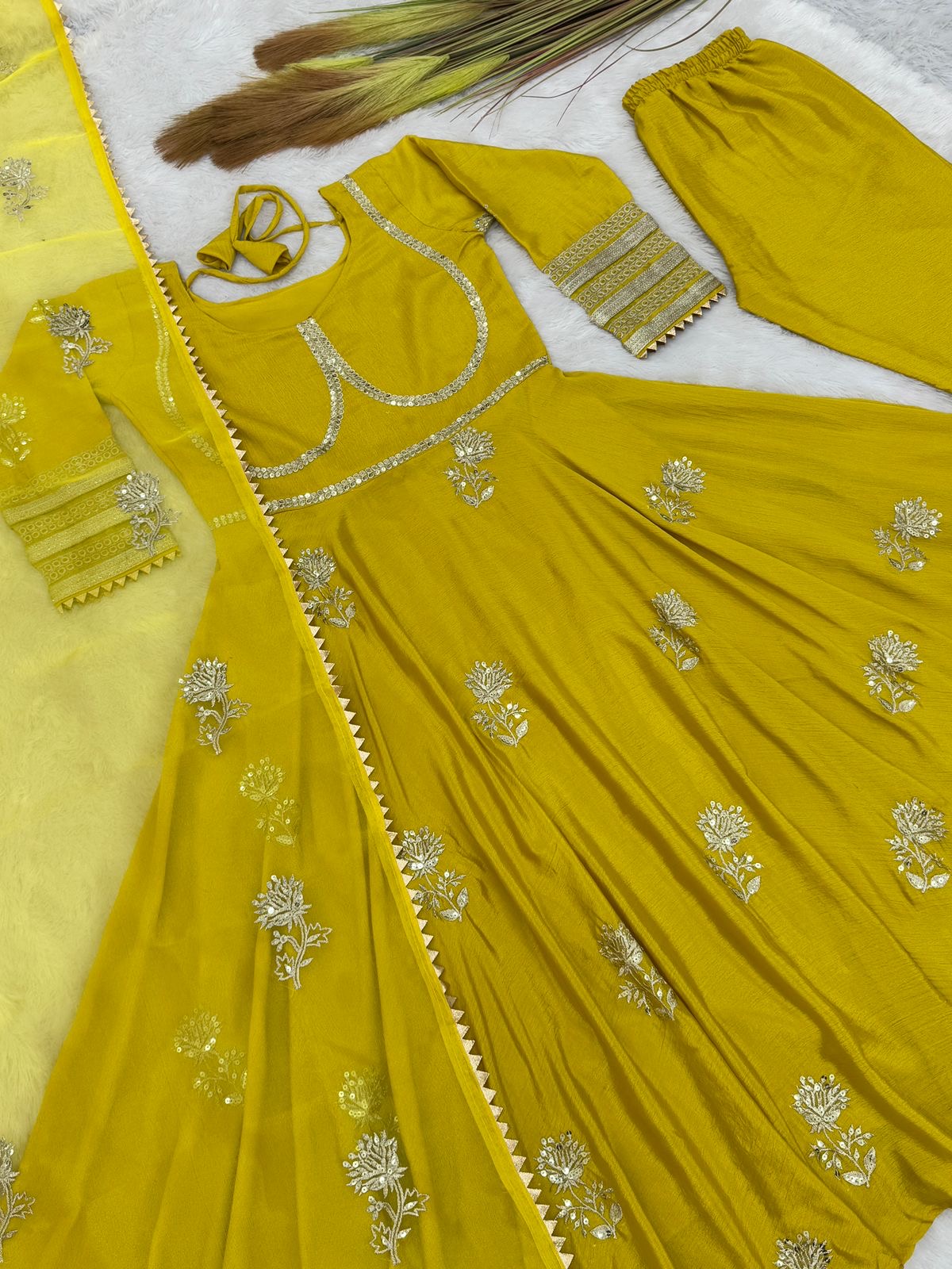 Beautiful Yellow Color Anarakli Gown Chinon Fabric