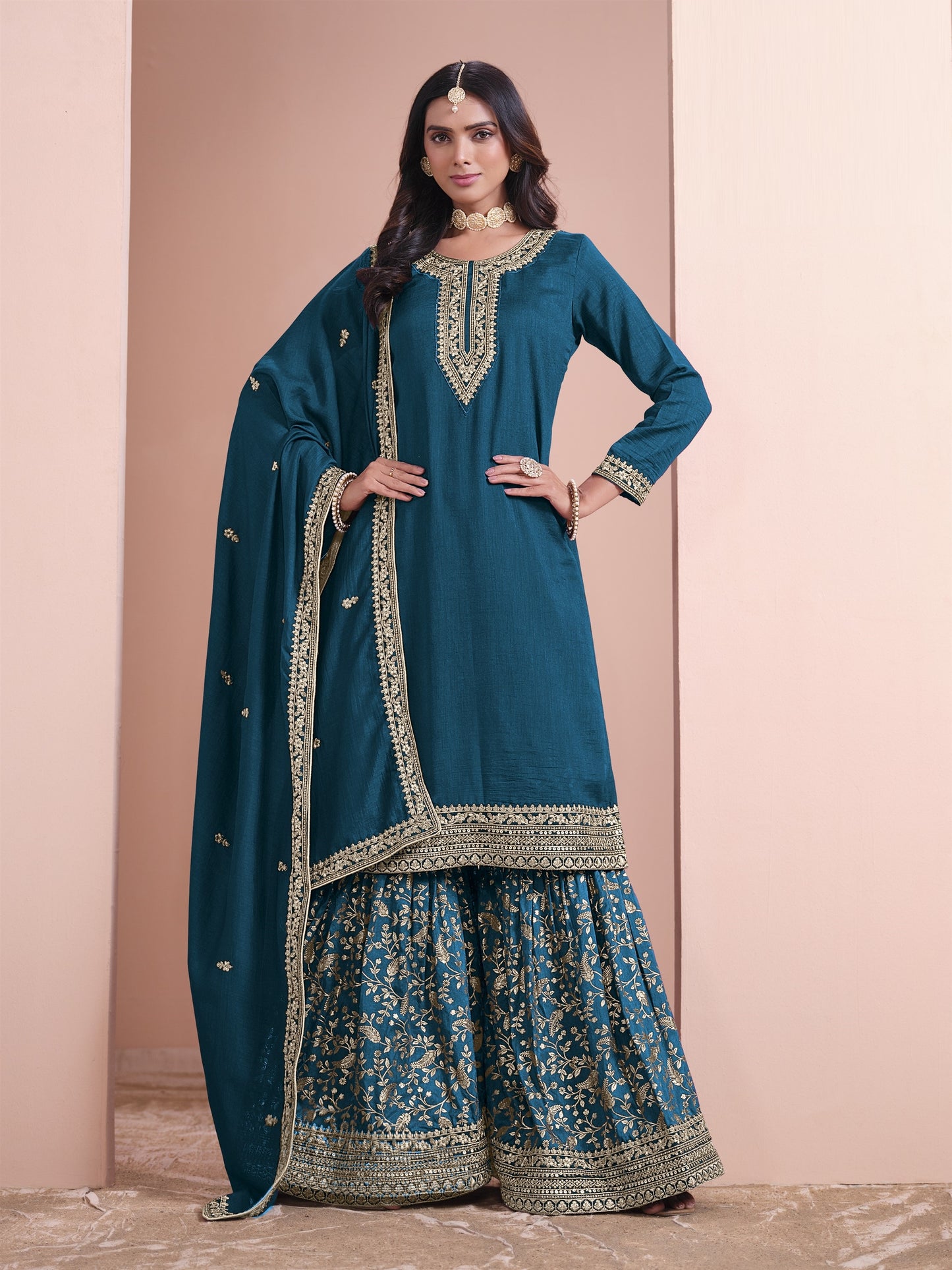 Morptich Color Partywear Plazo Suit In Silk Fabric Wedding Function